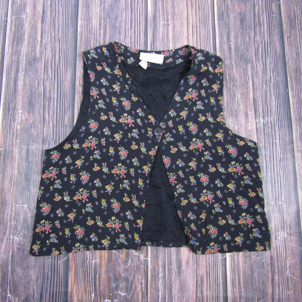 Vintage Petite Sophisticate Vest Womens Petite M Black Floral Quilted Lined USA